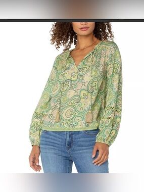 Liverpool Los Angeles Shirred Woven Long Sleeve Notch Neck Blouse Small